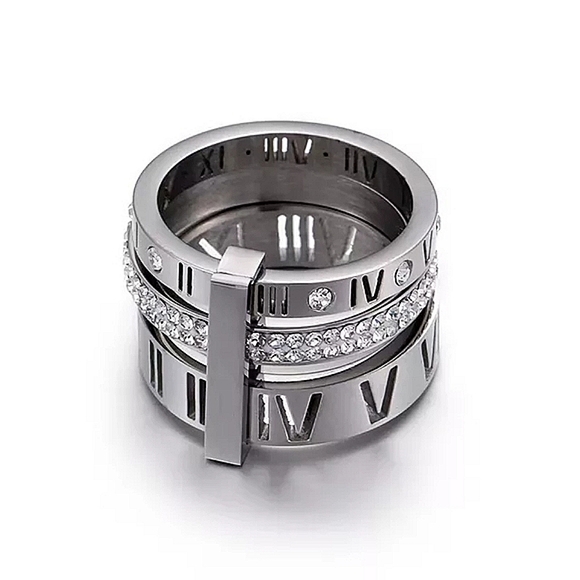 NEW 18k White Gold Roman Numeral Triple Band Diamond Ring - Picture 3 of 14